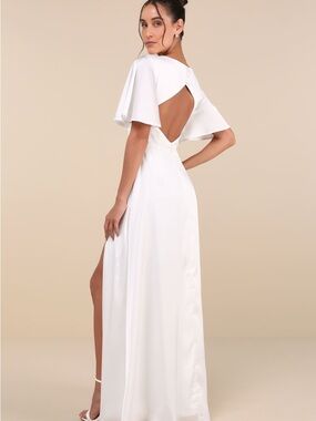 Lulus Elegant Confidence White Satin Flutter Sleeve Cutout Maxi Dress Size M NWT